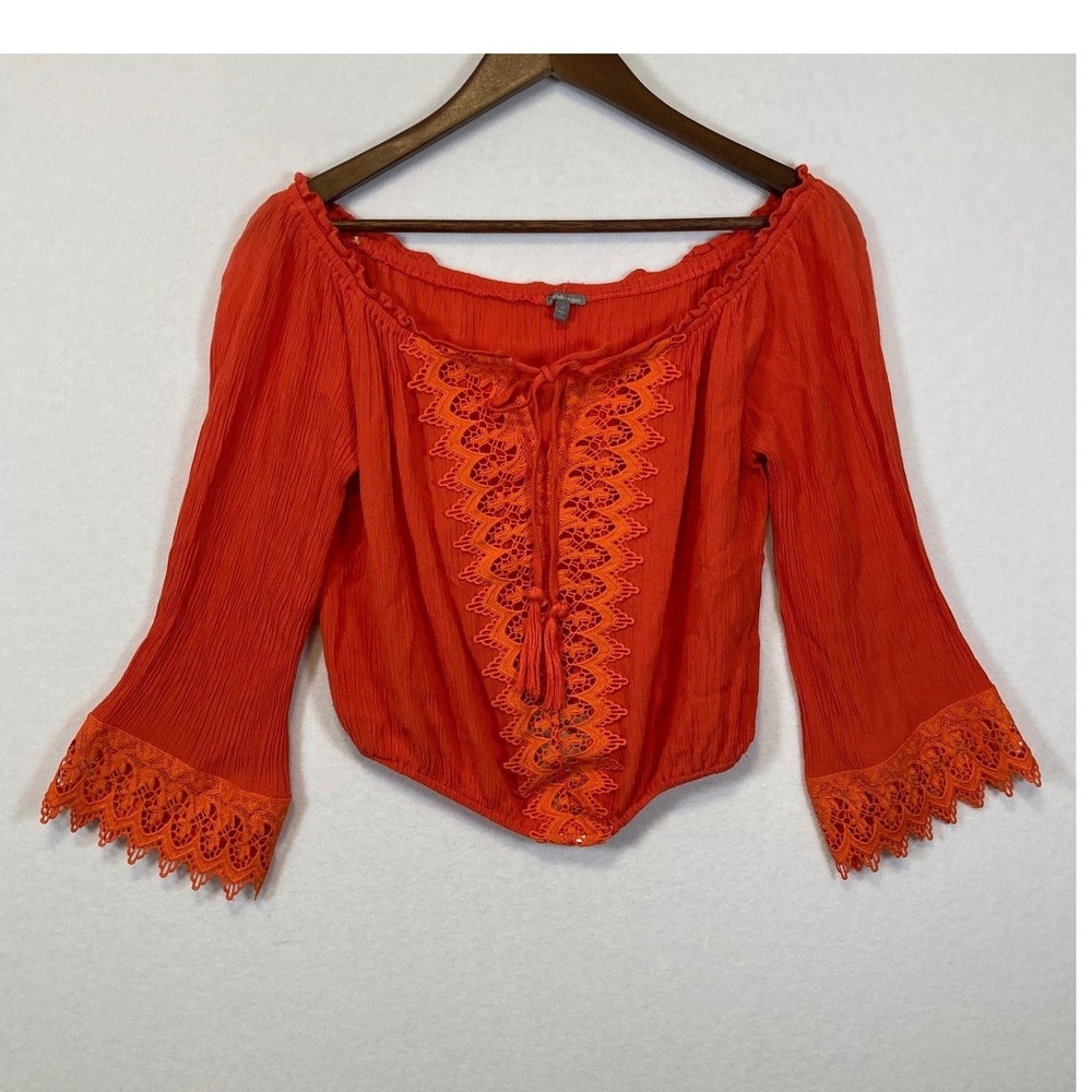 Charlotte‎ Russe Peasant Top Womens Medium Orange Boho Crochet Lace Bell Sleeve